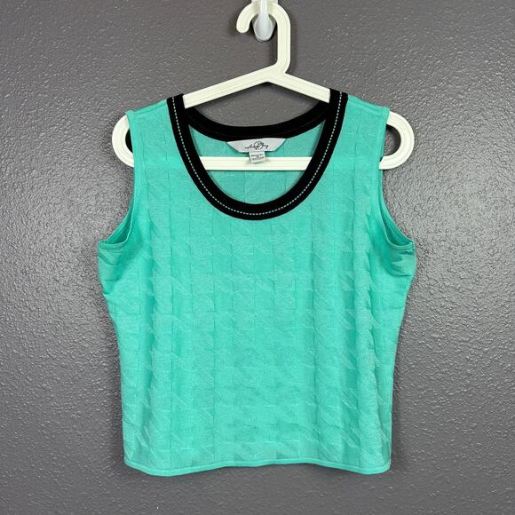 Ming Wang Acrylic Tank Top Sleeveless Size Medium Houndstooth Blue Black Crop - Picture 1 of 5